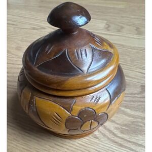 Hand Carved Wood Trinket Box W/ Lid Floral 2-Toned Handmade Craftsmanship